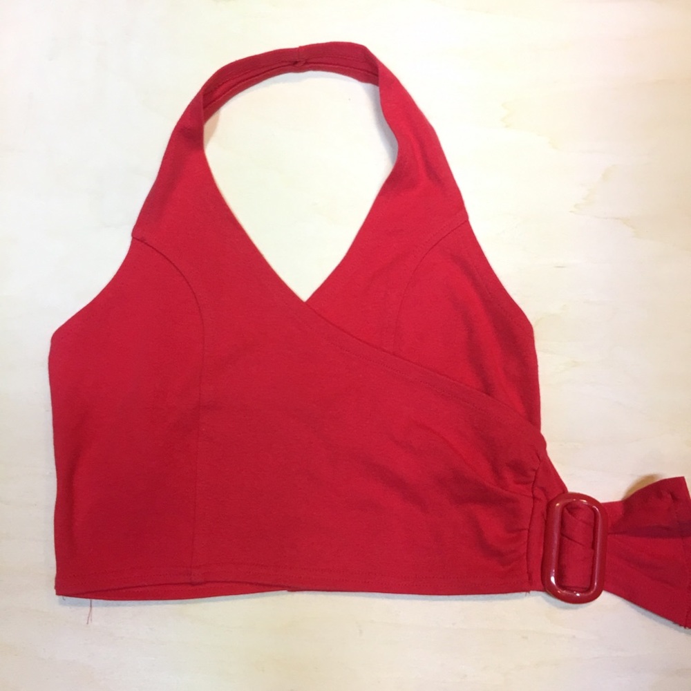 Vintage Dirty Dancing Red knit halter crop top with red buckle detail sz Med